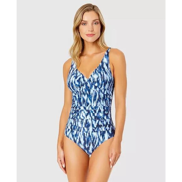 Anne Cole Women's Printed Draped Underwire One-Piece Swimsuit, Blue, Size 8 0389 - Picture 1 of 3